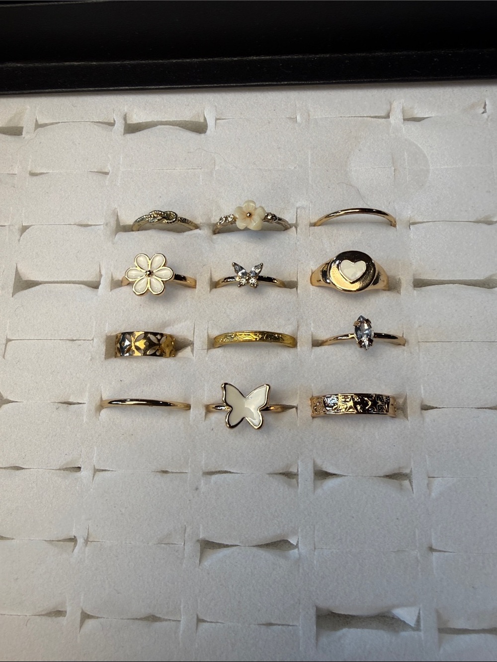 Y2K Styles Gold Tone Floral & Butterfly Stackable Ring Set - White Accents